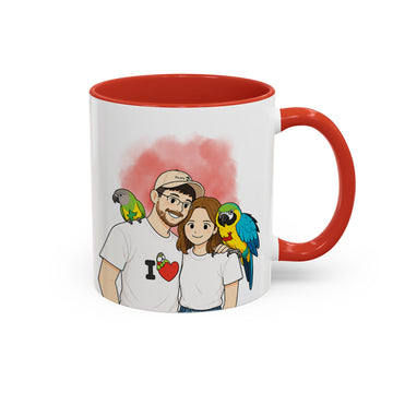Personalized Pet and Owner Portrait Funny Doodle Accent Mug with Custom Text, Birds Chicken Coffee Cup, 11 oz, 15 oz
