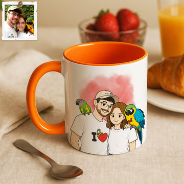 Personalized Pet and Owner Portrait Funny Doodle Accent Mug with Custom Text, Birds Chicken Coffee Cup, 11 oz, 15 oz