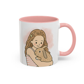 Personalized Pet and Owner Portrait Funny Doodle Accent Mug with Custom Text, Rabbit Coffee Cup, 11 oz, 15 oz