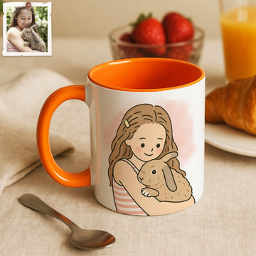 Personalized Pet and Owner Portrait Funny Doodle Accent Mug with Custom Text, Rabbit Coffee Cup, 11 oz, 15 oz