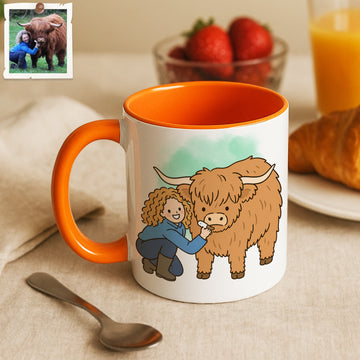 Personalized Pet and Owner Portrait Funny Doodle Accent Mug with Custom Text, Farm Pets Coffee Cup, 11 oz, 15 oz