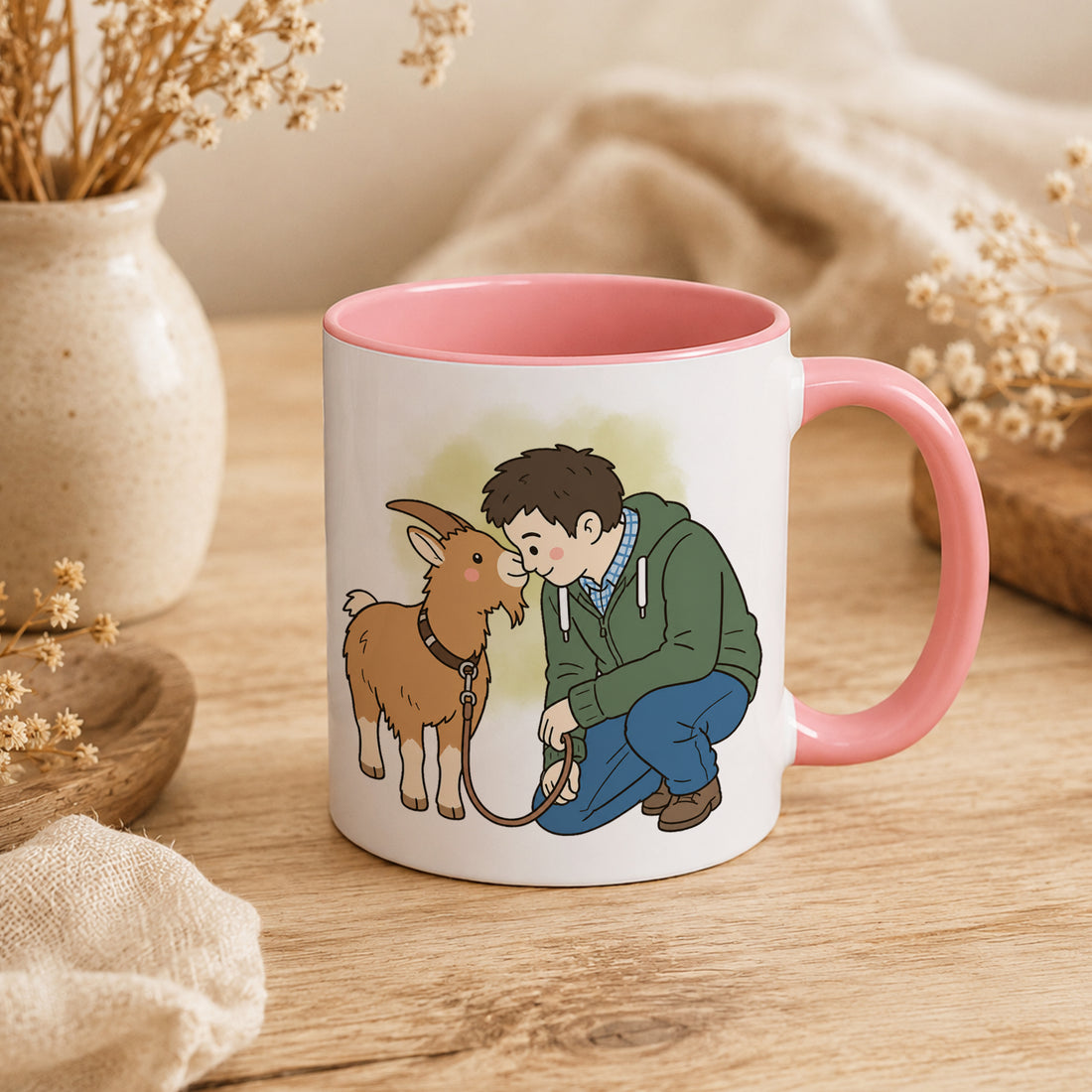 Personalized Pet and Owner Portrait Funny Doodle Accent Mug with Custom Text, Farm Pets Coffee Cup, 11 oz, 15 oz
