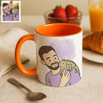 Personalized Pet and Owner Portrait Funny Doodle Accent Mug with Custom Text, Small Pet Coffee Cup, 11 oz, 15 oz