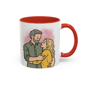 Personalized Couple Portrait Funny Doodle Accent Mug with Custom Text, Young Old Couple Coffee Cup, 11 oz, 15 oz