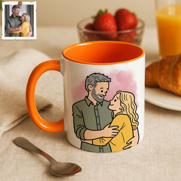 Personalized Couple Portrait Funny Doodle Accent Mug with Custom Text, Young Old Couple Coffee Cup, 11 oz, 15 oz