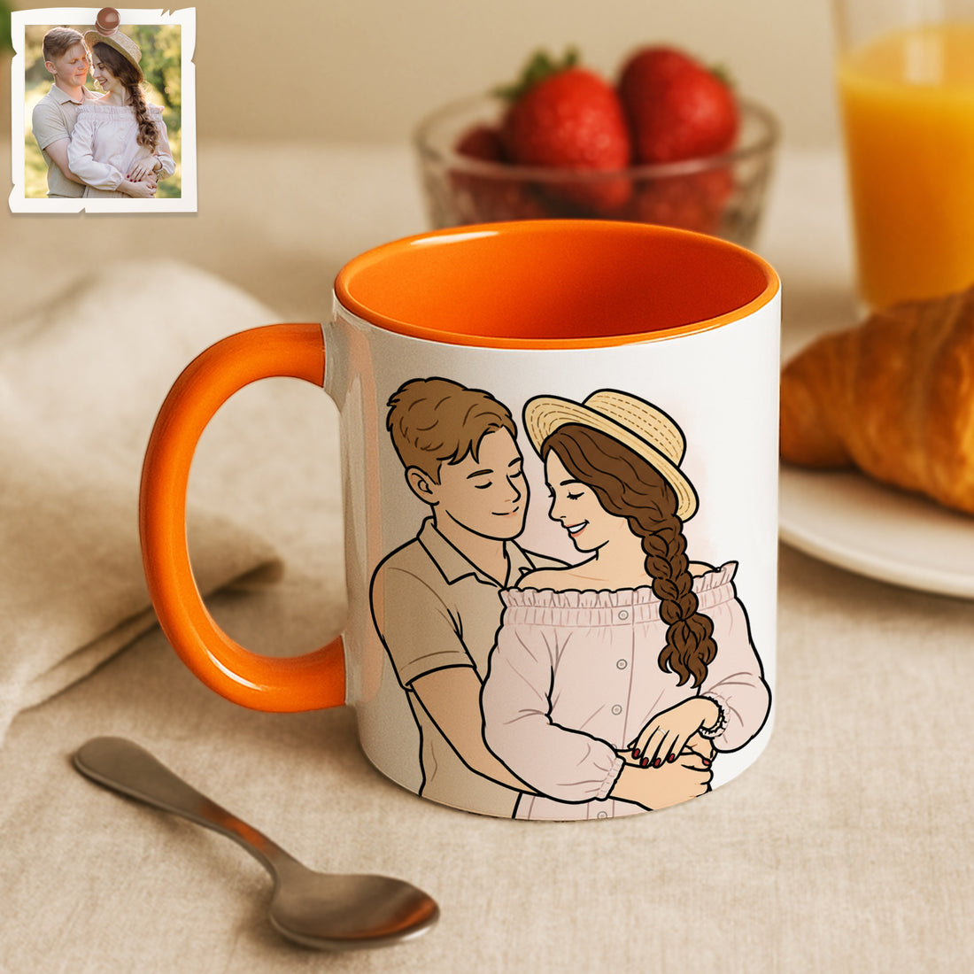 Personalized Couple Portrait Funny Doodle Accent Mug with Custom Text, Young Old Couple Coffee Cup, 11 oz, 15 oz