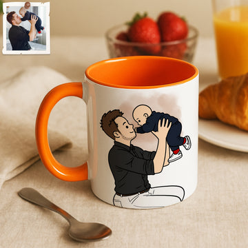 Personalized Baby and Dad Portrait Funny Doodle Accent Mug with Custom Text, Coffee Cup, 11 oz, 15 oz