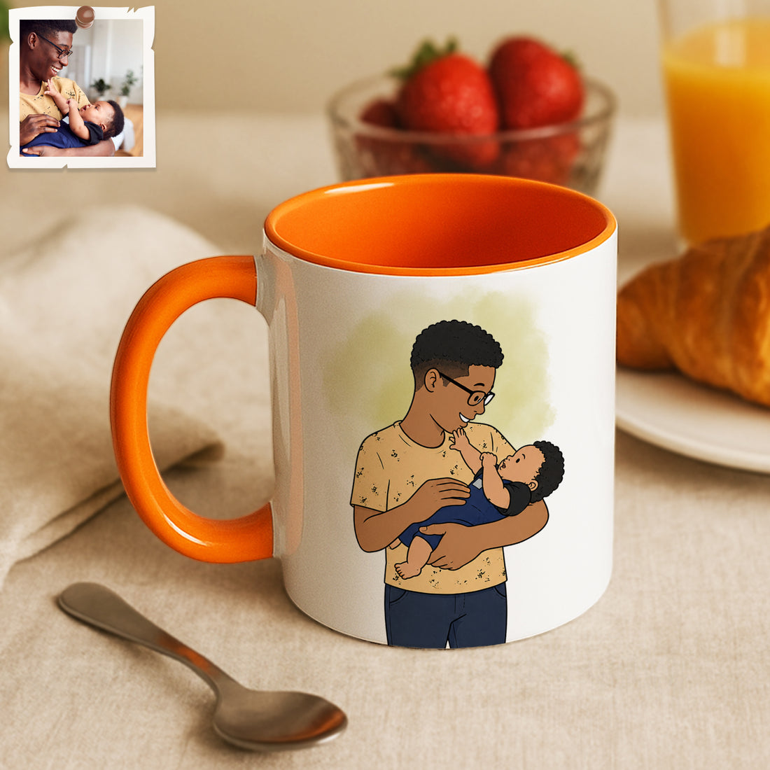 Personalized Baby and Dad Portrait Funny Doodle Accent Mug with Custom Text, Coffee Cup, 11 oz, 15 oz