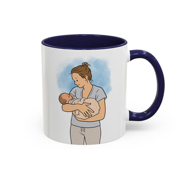 Personalized Baby and Mom Portrait Funny Doodle Accent Mug with Custom Text, Coffee Cup, 11 oz, 15 oz