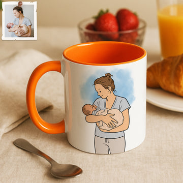 Personalized Baby and Mom Portrait Funny Doodle Accent Mug with Custom Text, Coffee Cup, 11 oz, 15 oz