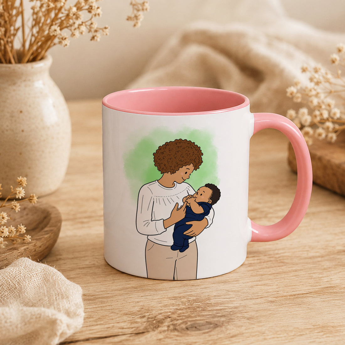 Personalized Baby and Mom Portrait Funny Doodle Accent Mug with Custom Text, Coffee Cup, 11 oz, 15 oz