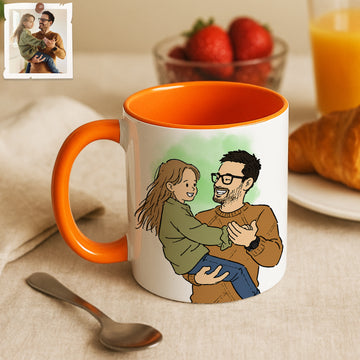 Personalized Father Portrait Funny Doodle Accent Mug with Custom Text, Dad Coffee Cup, 11 oz, 15 oz