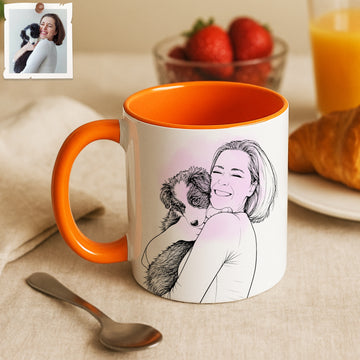 Personalized Pet and Owner Portrait Detailed Line Art Accent Mug with Custom Text, Dog Cat Coffee Cup, 11 oz, 15 oz