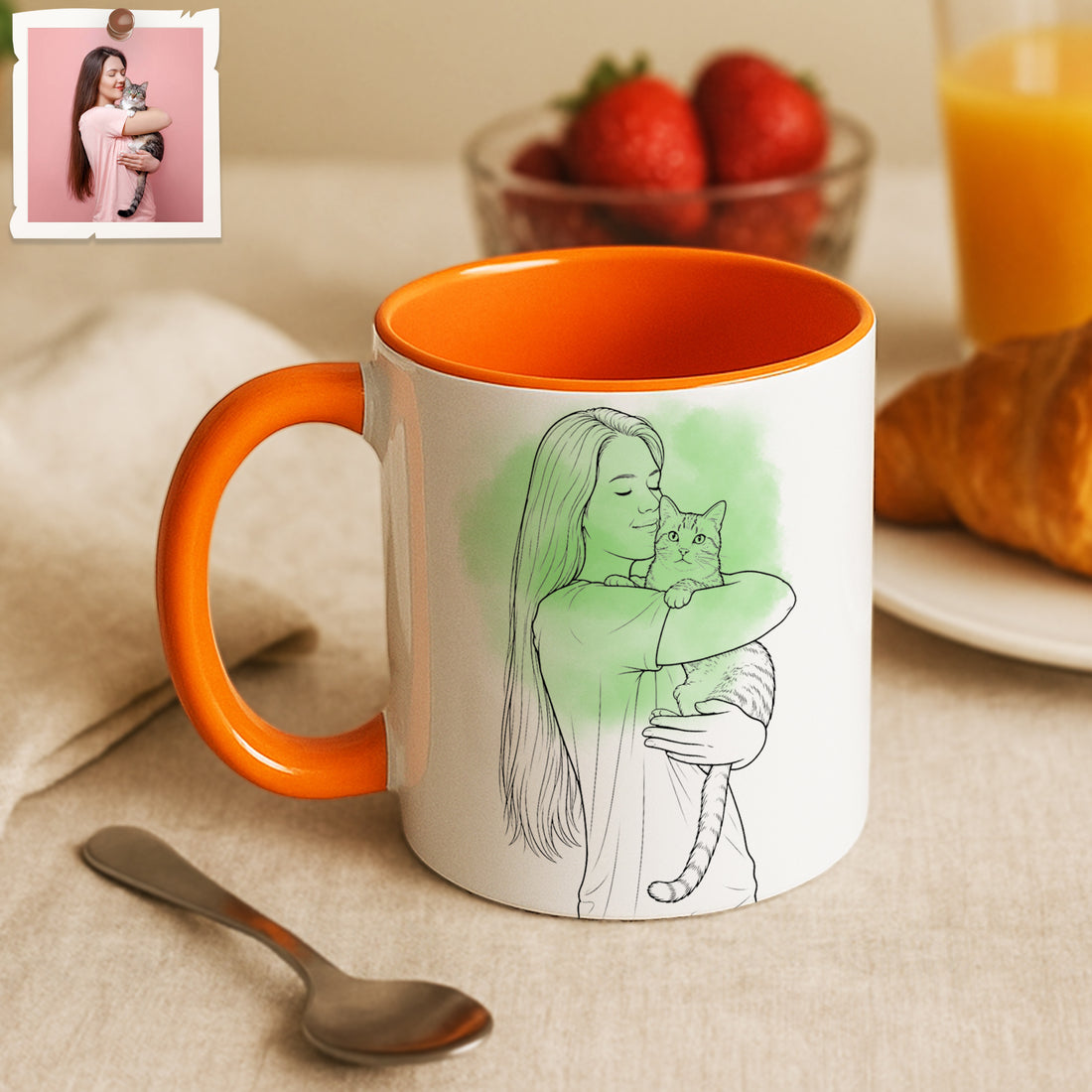 Personalized Pet and Owner Portrait Detailed Line Art Accent Mug with Custom Text, Dog Cat Coffee Cup, 11 oz, 15 oz