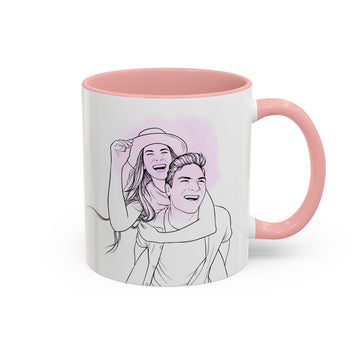 Personalized Young Couple Portrait Detailed Line Art Accent Mug with Custom Text, Anniversary Coffee Cup, 11 oz, 15 oz