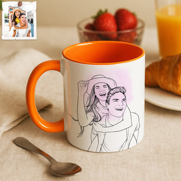 Personalized Young Couple Portrait Detailed Line Art Accent Mug with Custom Text, Anniversary Coffee Cup, 11 oz, 15 oz