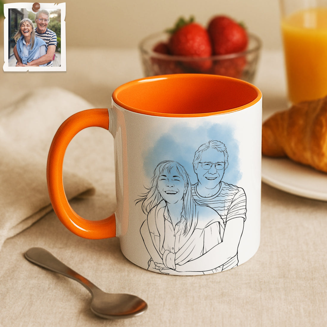 Personalized Young Couple Portrait Detailed Line Art Accent Mug with Custom Text, Anniversary Coffee Cup, 11 oz, 15 oz