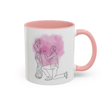 Personalized Engagement Couple Portrait Detailed Line Art Accent Mug with Custom Text, Special Date Coffee Cup, 11 oz, 15 oz