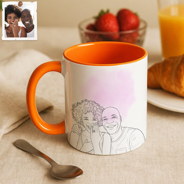 Personalized Engagement Couple Portrait Detailed Line Art Accent Mug with Custom Text, Special Date Coffee Cup, 11 oz, 15 oz