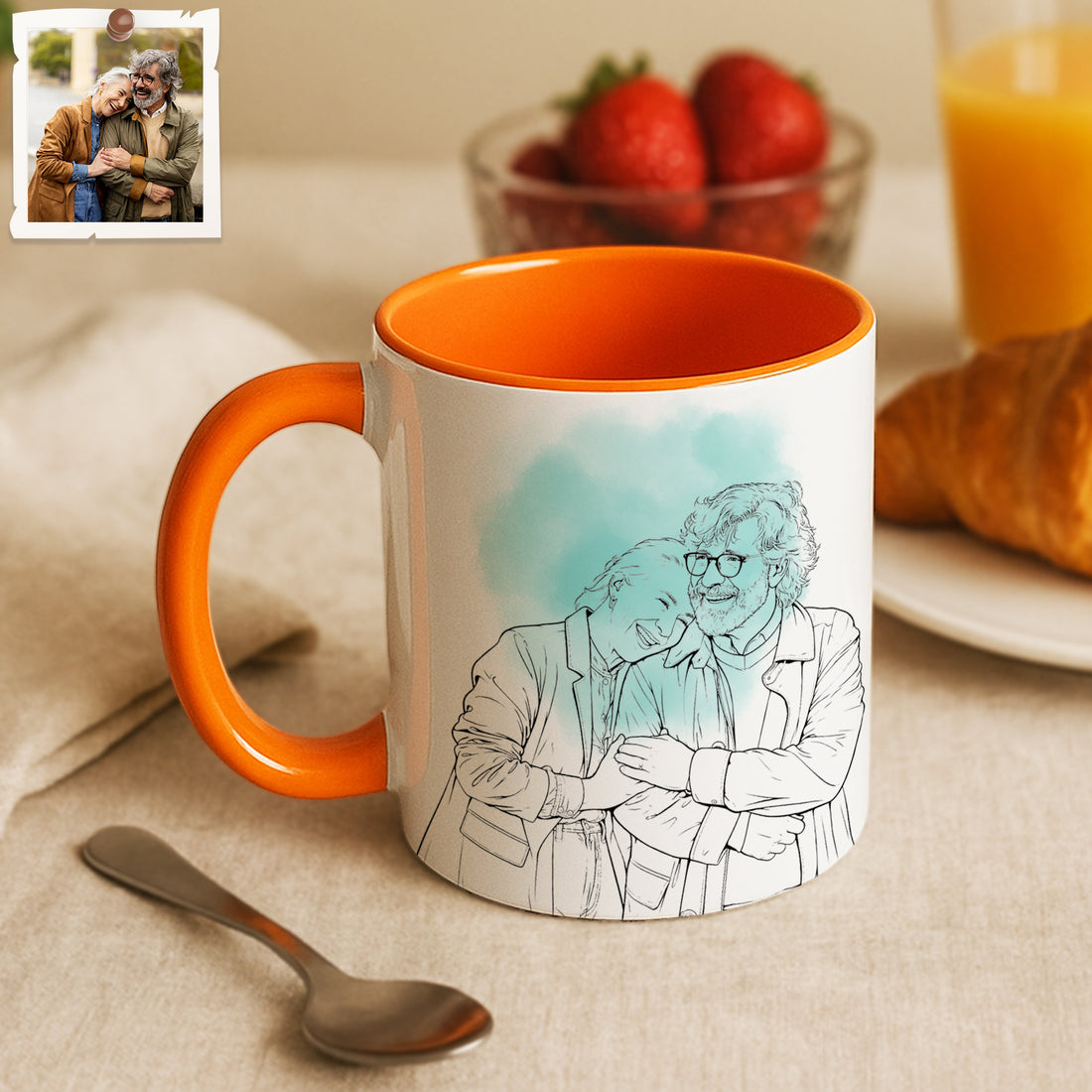 Personalized Engagement Couple Portrait Detailed Line Art Accent Mug with Custom Text, Special Date Coffee Cup, 11 oz, 15 oz