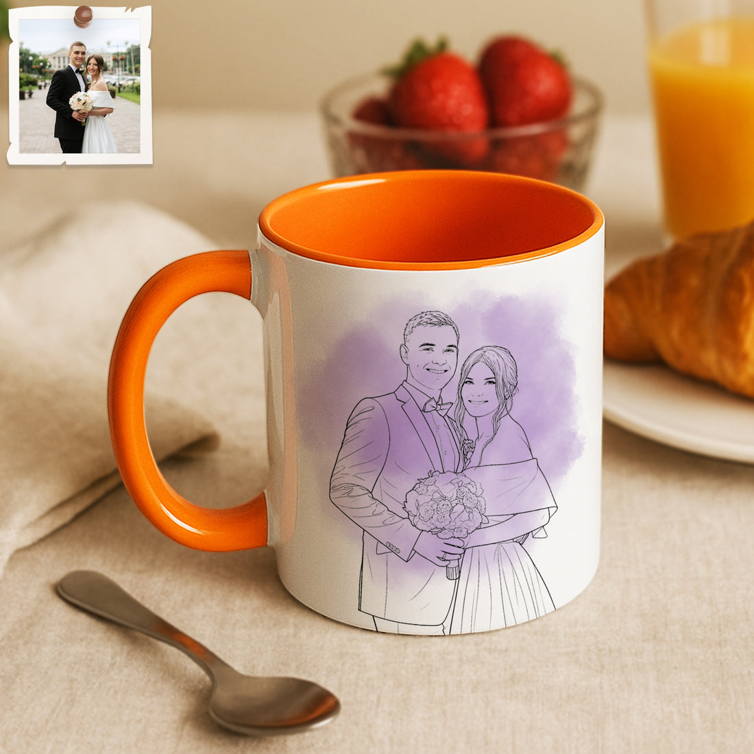 Personalized Wedding Portrait Detailed Line Art Accent Mug with Custom Text, Coffee Cup, 11 oz, 15 oz