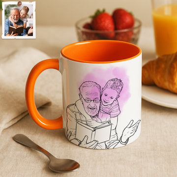 Personalized Big Family with Grandpa and Dad Detailed Line Art Accent Mug, Custom Text Coffee Cup, 11 oz, 15 oz