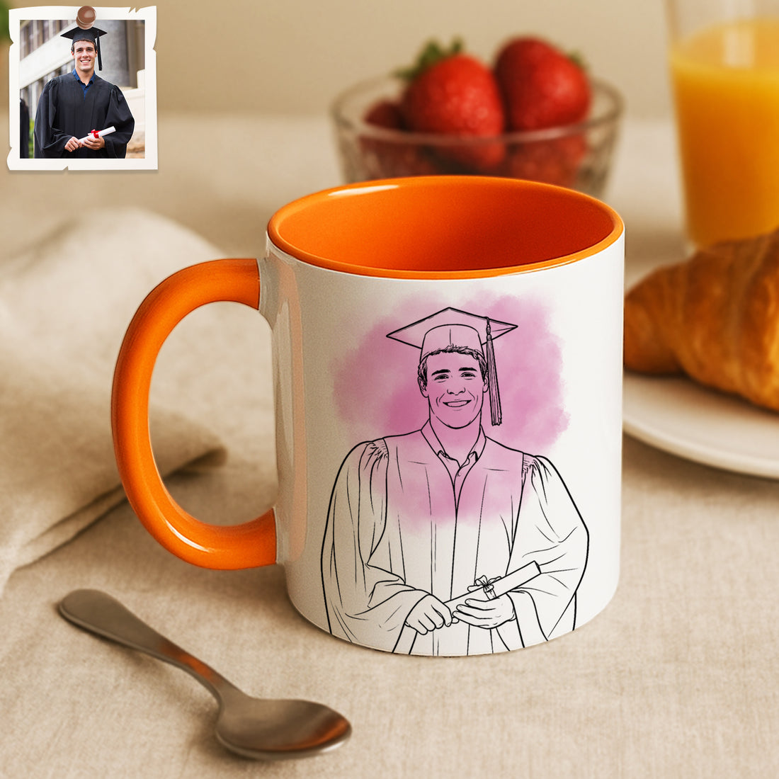 Personalized Graduation Portrait Detailed Line Art Accent Mug with Custom Text, Coffee Cup, 11 oz, 15 oz