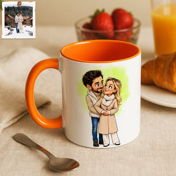 Personalized Couple Portrait Caricature Accent Mug with Custom Text, Romantic Coffee Cup, 11 oz, 15 oz