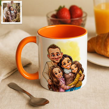Personalized Family Portrait Caricature Accent Mug with Custom Text, Coffee Cup, 11 oz, 15 oz