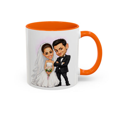 Personalized Engagement Wedding Portrait Caricature Accent Mug with Custom Text, Coffee Cup, 11 oz, 15 oz