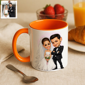 Personalized Engagement Wedding Portrait Caricature Accent Mug with Custom Text, Coffee Cup, 11 oz, 15 oz