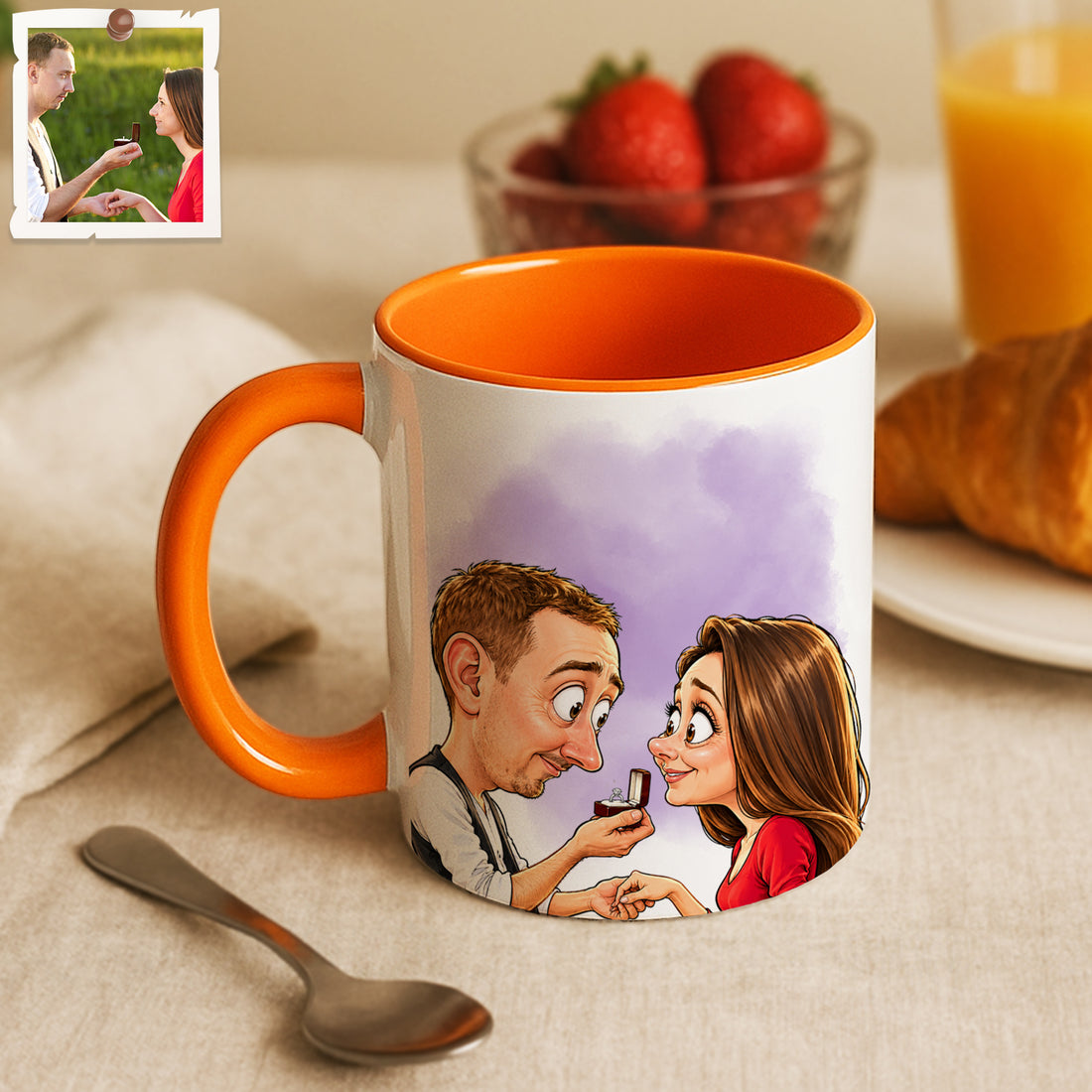 Personalized Engagement Wedding Portrait Caricature Accent Mug with Custom Text, Coffee Cup, 11 oz, 15 oz