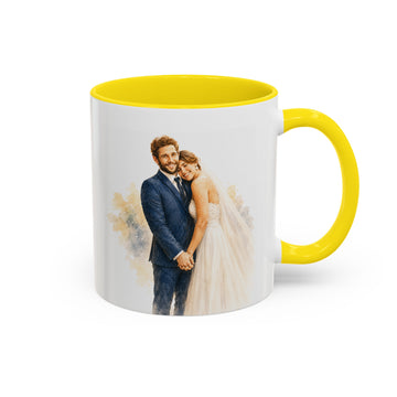 Personalized Wedding Portrait Watercolor Accent Mug with Custom Text, Coffee Cup, 11 oz, 15 oz