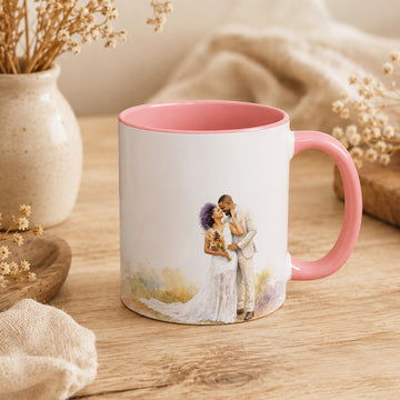 Personalized Wedding Portrait Watercolor Accent Mug with Custom Text, Coffee Cup, 11 oz, 15 oz