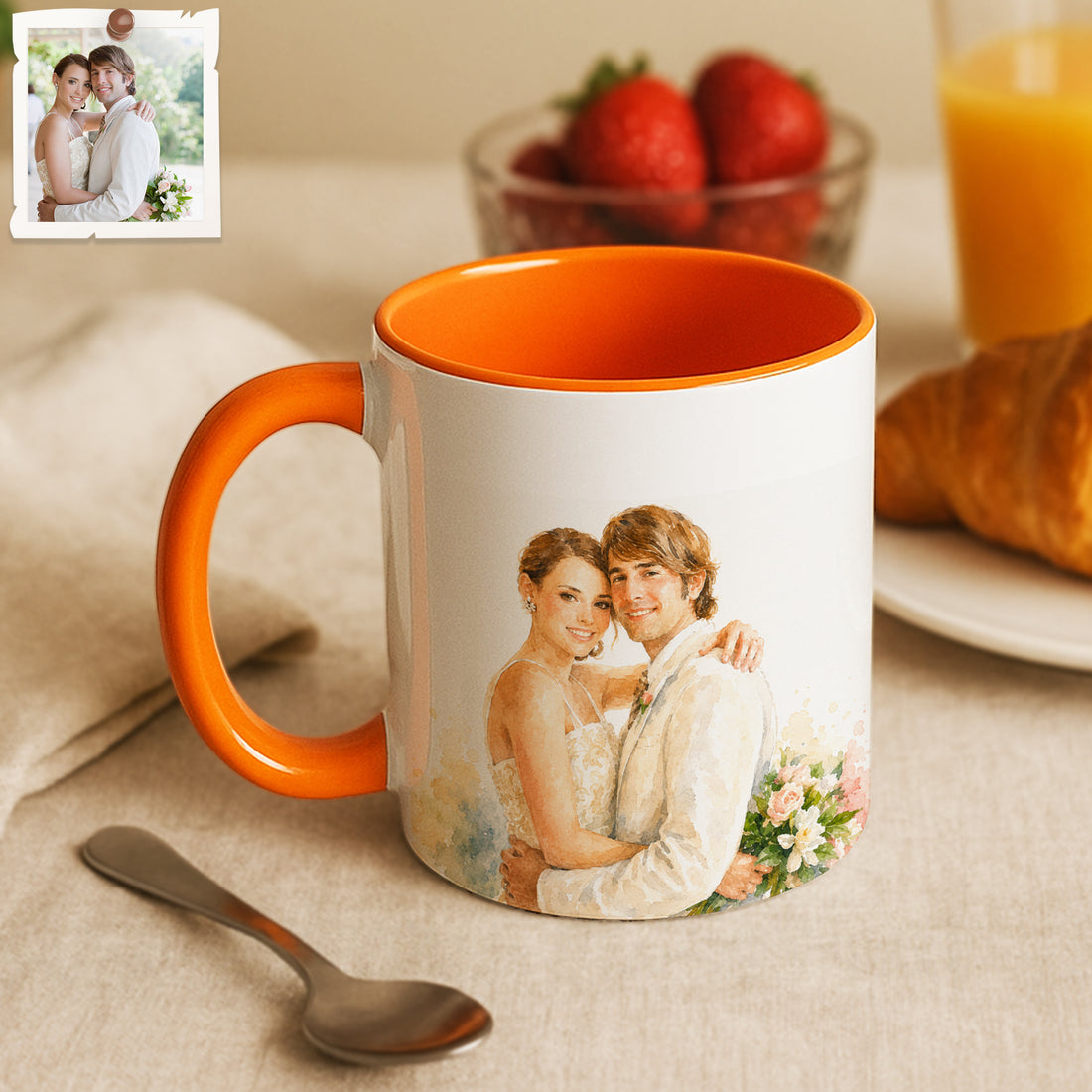 Personalized Wedding Portrait Watercolor Accent Mug with Custom Text, Coffee Cup, 11 oz, 15 oz