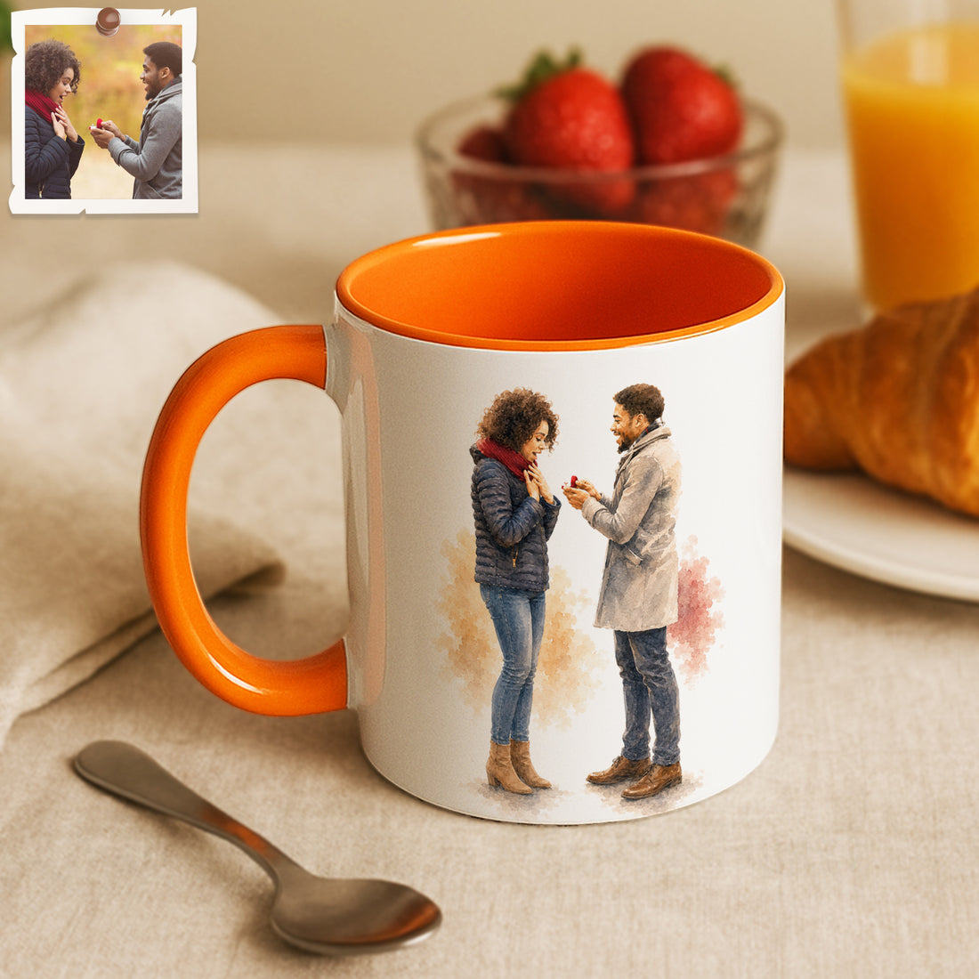 Personalized Engagement Portrait Watercolor Accent Mug with Custom Text, Coffee Cup, 11 oz, 15 oz