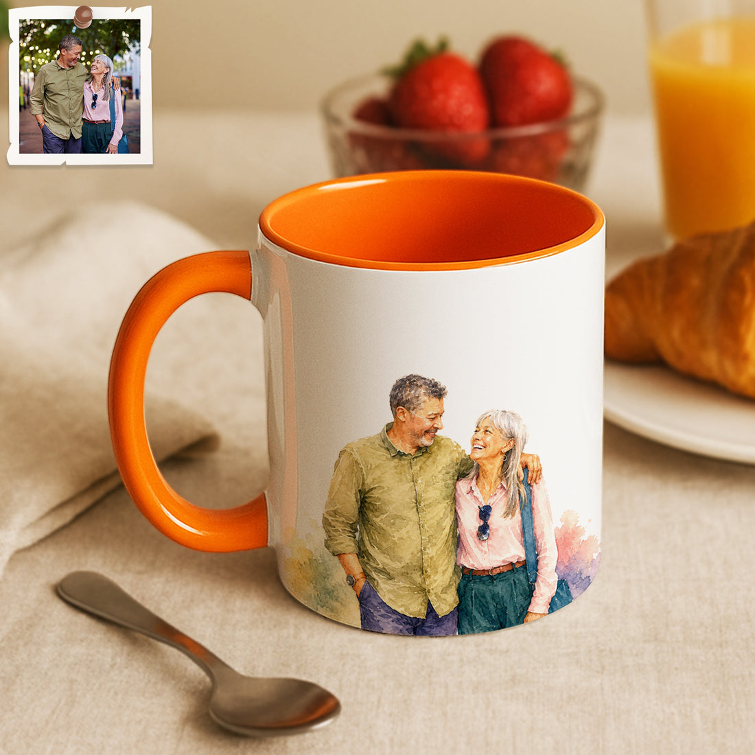 Personalized Couple Portrait Watercolor Accent Mug with Custom Text, Young or Old Couple Coffee Cup, 11 oz, 15 oz