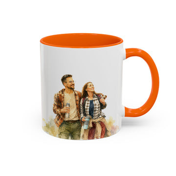 Personalized Couple Portrait Watercolor Accent Mug with Custom Text, Young or Old Couple Coffee Cup, 11 oz, 15 oz