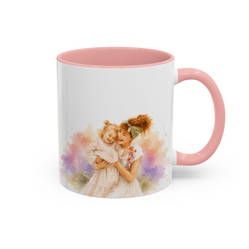 Personalized Mom or Grandma Portrait Watercolor Accent Mug with Custom Text, Coffee Cup, 11 oz, 15 oz