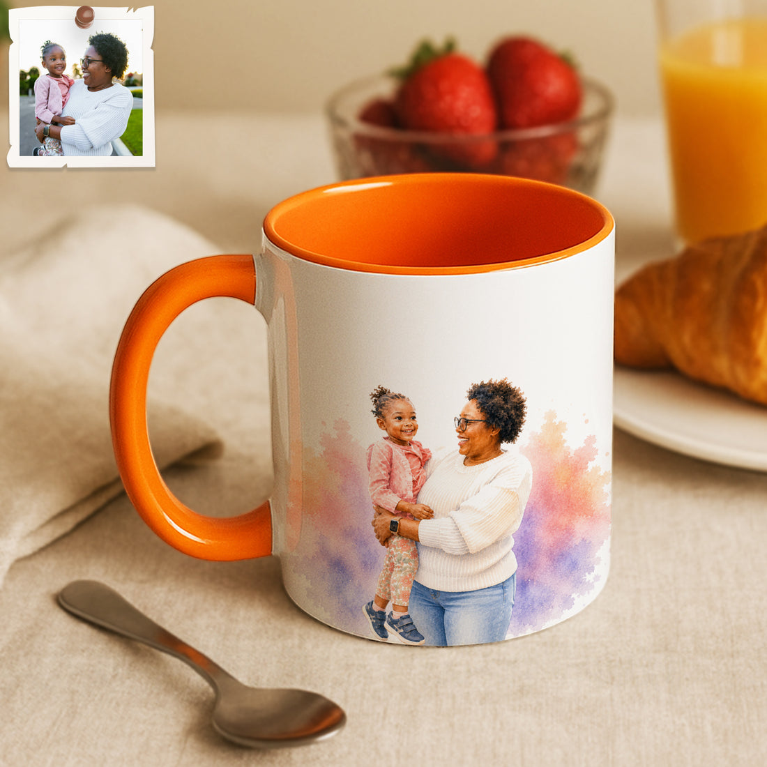 Personalized Mom or Grandma Portrait Watercolor Accent Mug with Custom Text, Coffee Cup, 11 oz, 15 oz