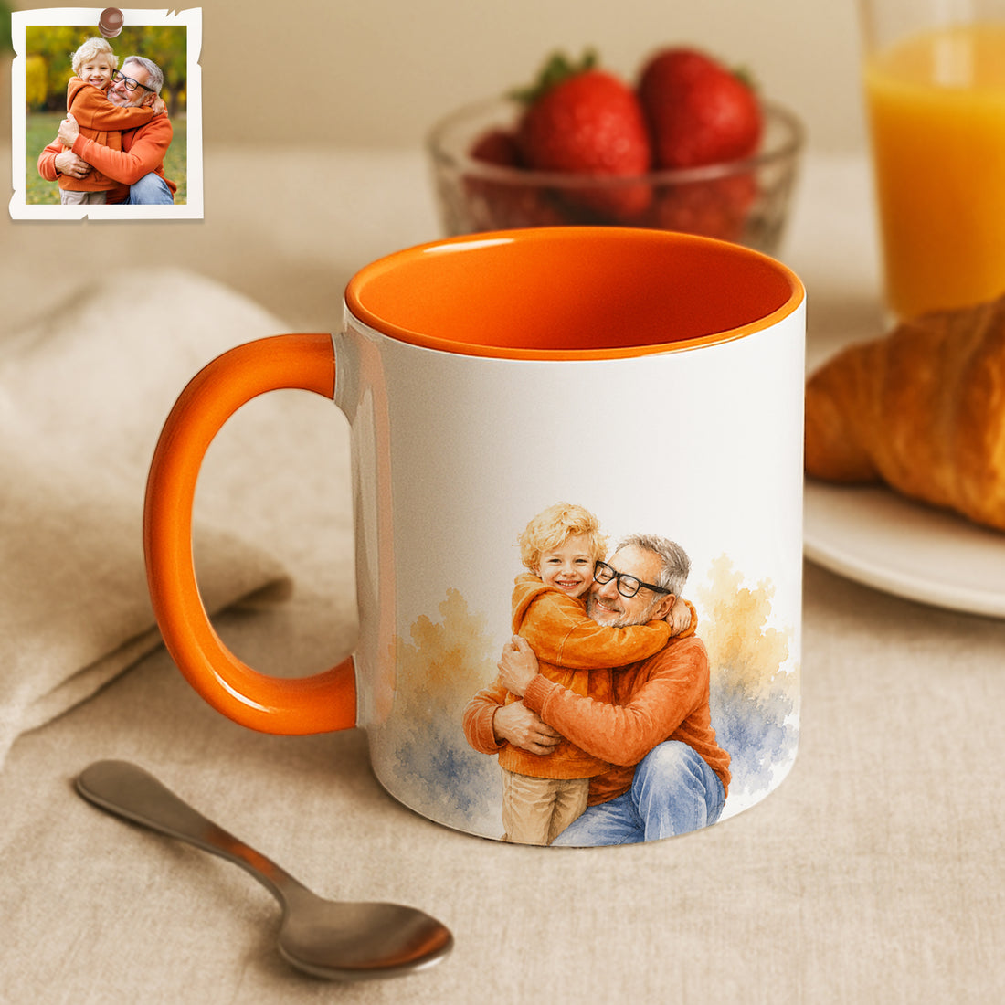 Personalized Dad or Grandpa Portrait Watercolor Accent Mug with Custom Text, Coffee Cup, 11 oz, 15 oz