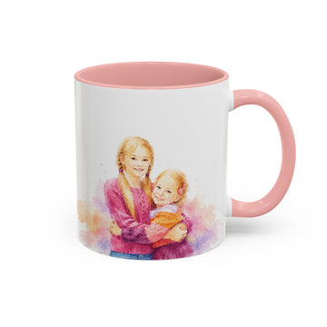 Personalized Siblings Portrait Watercolor Accent Mug with Custom Text, Coffee Cup, 11 oz, 15 oz