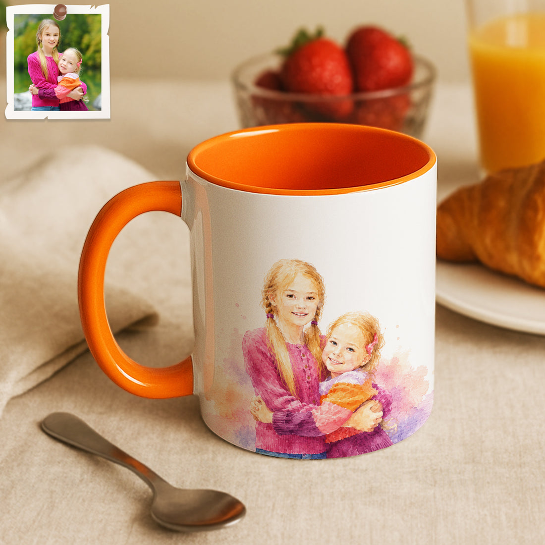 Personalized Siblings Portrait Watercolor Accent Mug with Custom Text, Coffee Cup, 11 oz, 15 oz