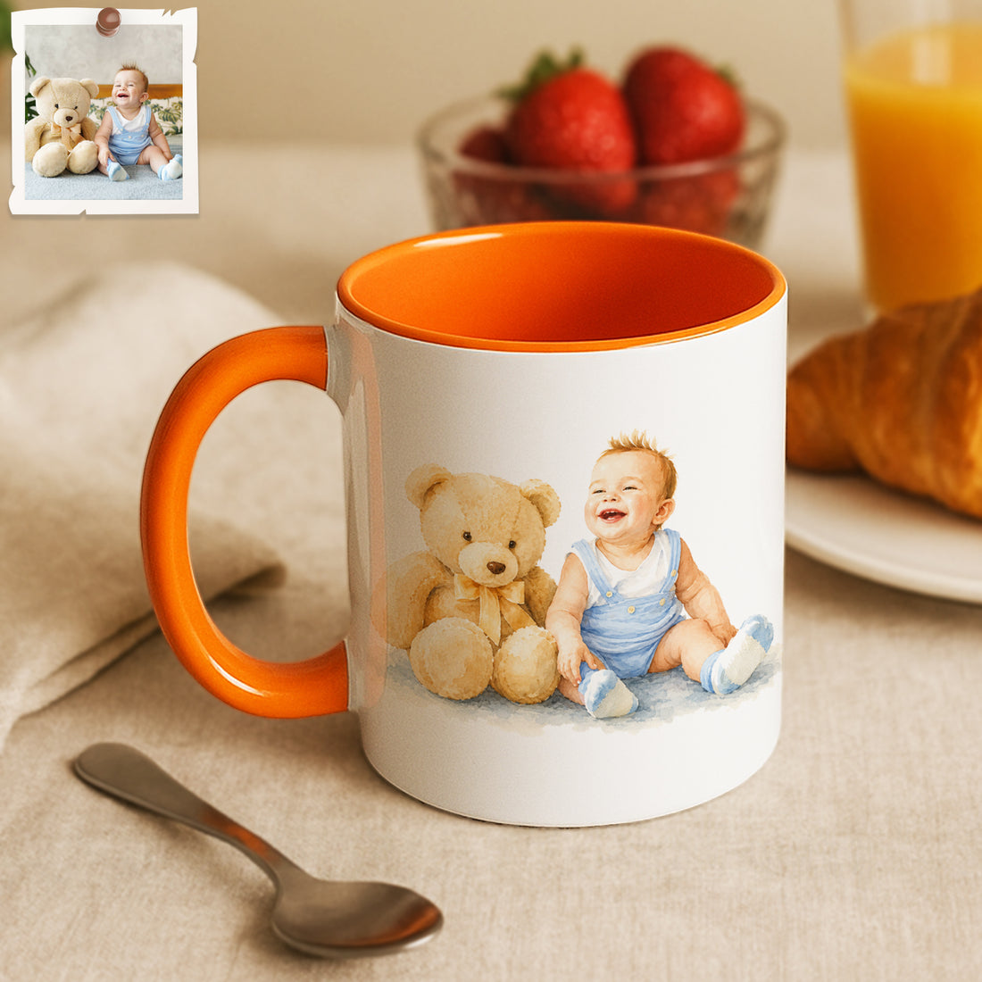 Personalized Newborn Toddler Portrait Watercolor Accent Mug with Custom Text, Coffee Cup, 11 oz, 15 oz