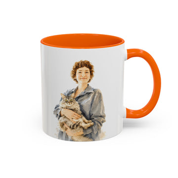 Personalized Pet and Owner Portrait Watercolor Accent Mug with Custom Text, Cat Dog Coffee Cup, 11 oz, 15 oz