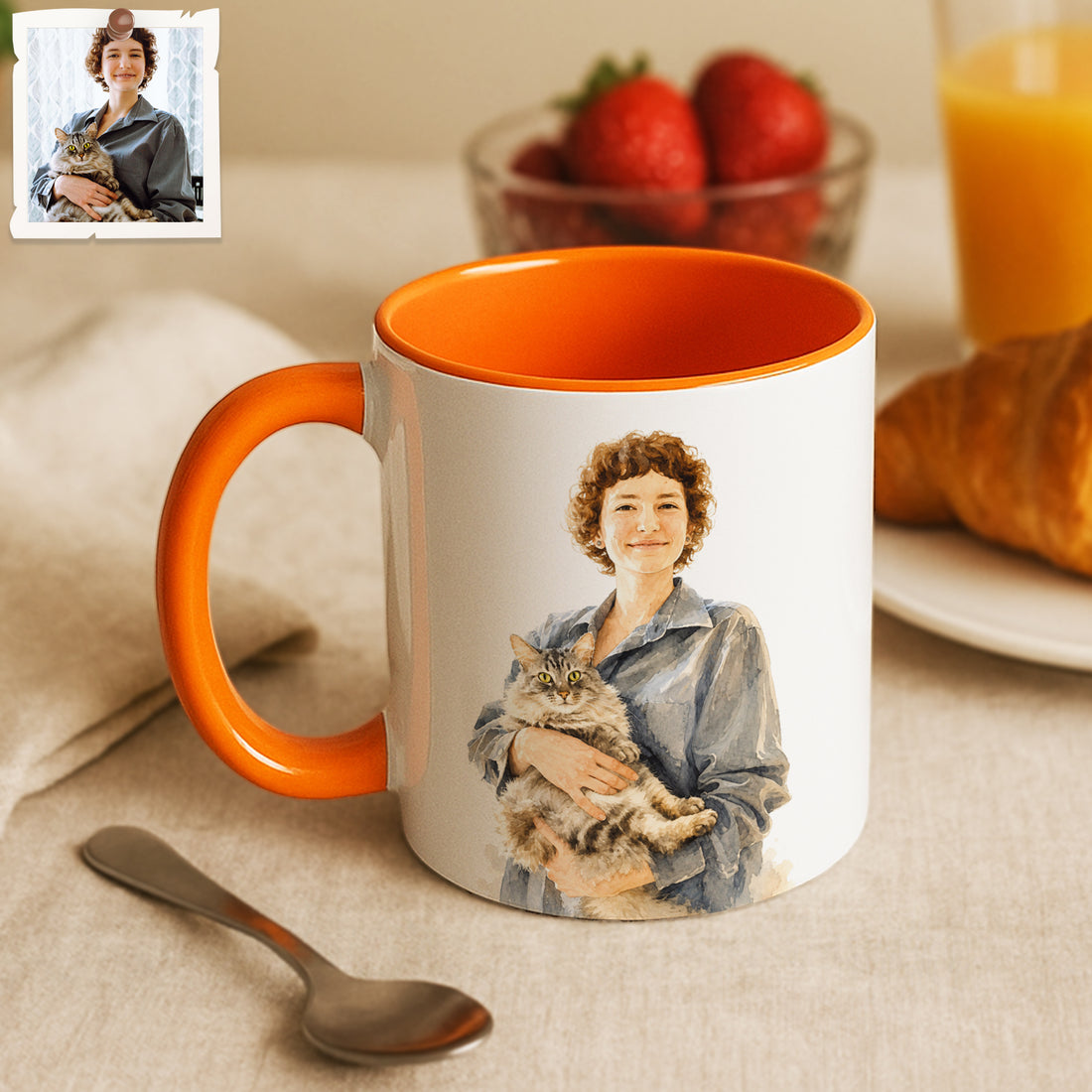 Personalized Pet and Owner Portrait Watercolor Accent Mug with Custom Text, Cat Dog Coffee Cup, 11 oz, 15 oz