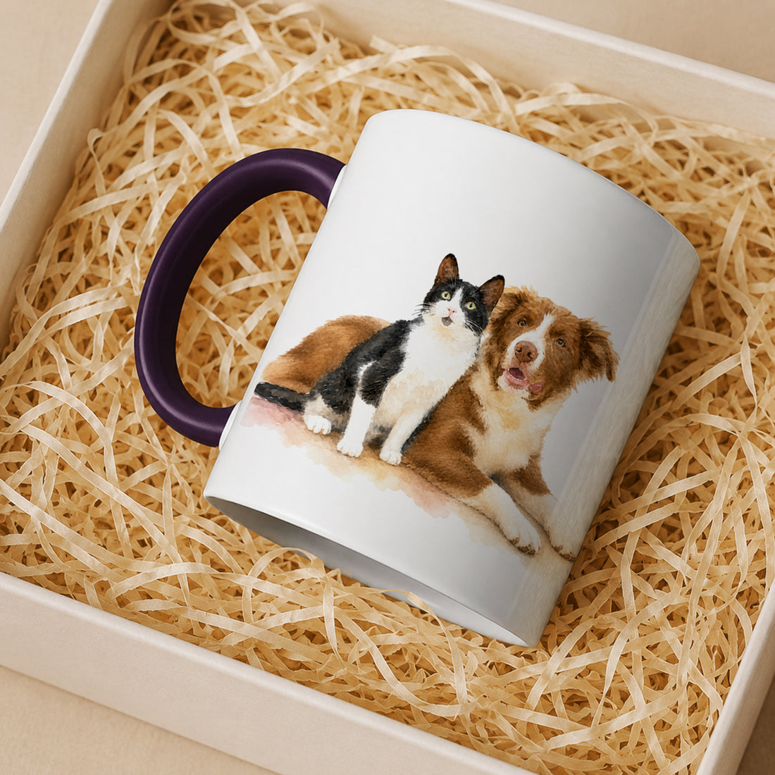 Personalized Cat Dog and Owner Watercolor Accent Mug, Custom Text Coffee Cup, 11 oz, 15 oz