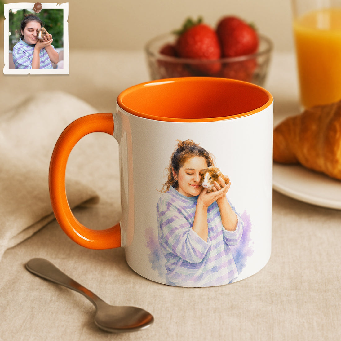 Personalized Pet and Owner Portrait Watercolor Accent Mug with Custom Text, Small Pets Reptile Coffee Cup, 11 oz, 15 oz