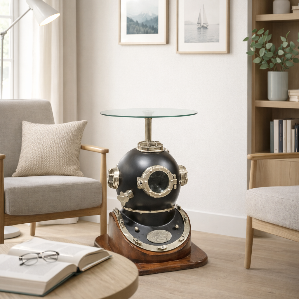 Submarine Coffee Table – Hand-Forged Wrought Iron & Solid Wood with Glass Top