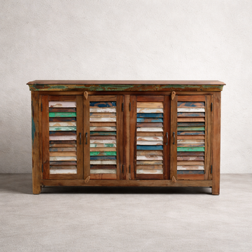 Sideboard Cabinet Solid Wood 135 × 90 × 33 cm Natural Finish Shutter Doors